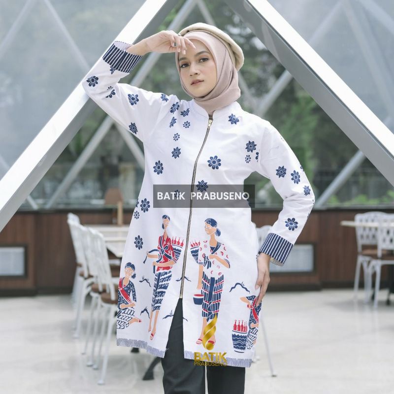 Jampi Tunik batik wanita zipper depan lapis trikot katun prabuseno batik kerja 2022 XXL baju dinas Pemda seragam elegan formal guru jumbo kondangan modern kantor original official remaja solo sarimbit jogya Jakarta fashion