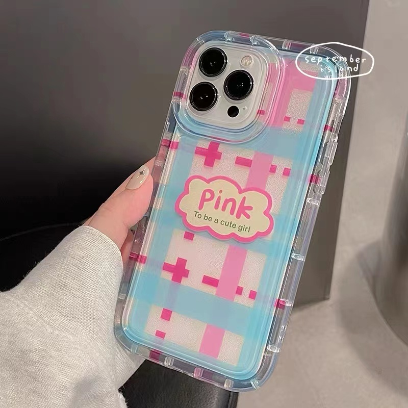 Soft Case TPU Silikon Transparan Motif Kotak-Kotak Pink Untuk IPhone 14 13 12 11 Pro XR X XS Max 8 7 6S Plus