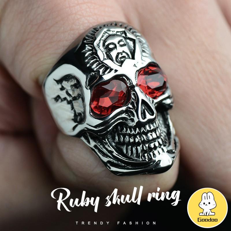 Cincin Motif Tengkorak Trend Fashion vintage rock ruby cincin Untuk Pria Aksesoris -Doo