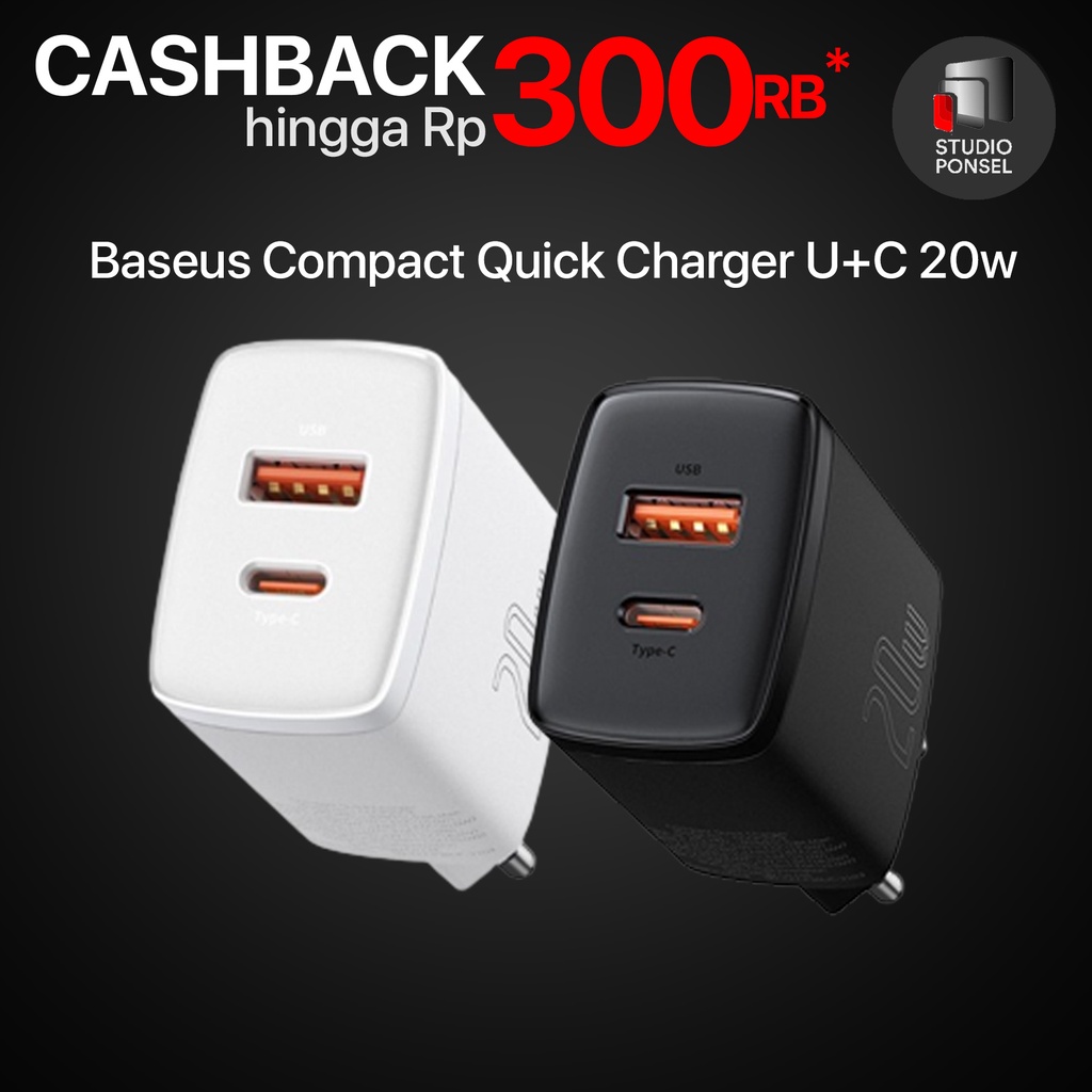 Baseus Compact Quick Charger 20w 2 in 1 USB + Type C Black White