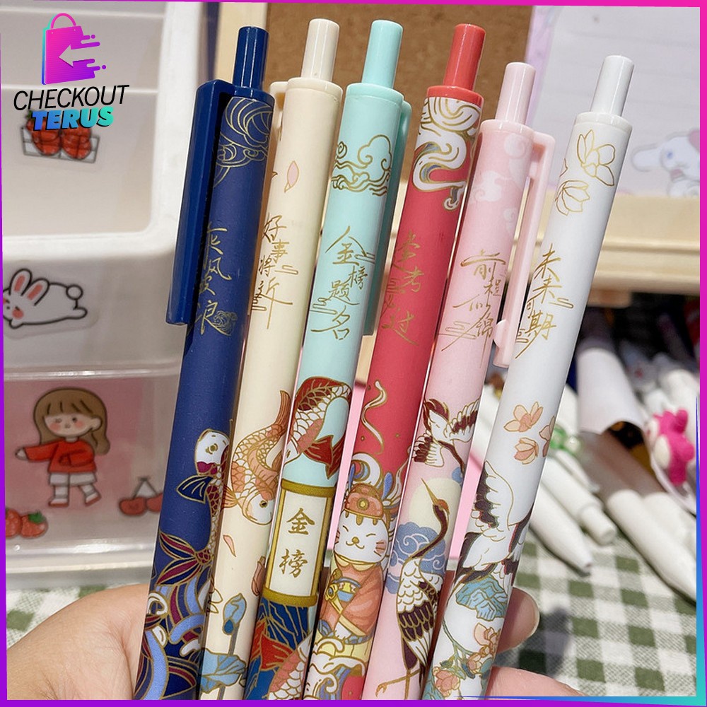 CT A43 Pulpen Mekanik Pen Gel 6PCS Motif Cartoon Pena Alat Tulis Kantor Stationary Bolpoint Anak Sekolah