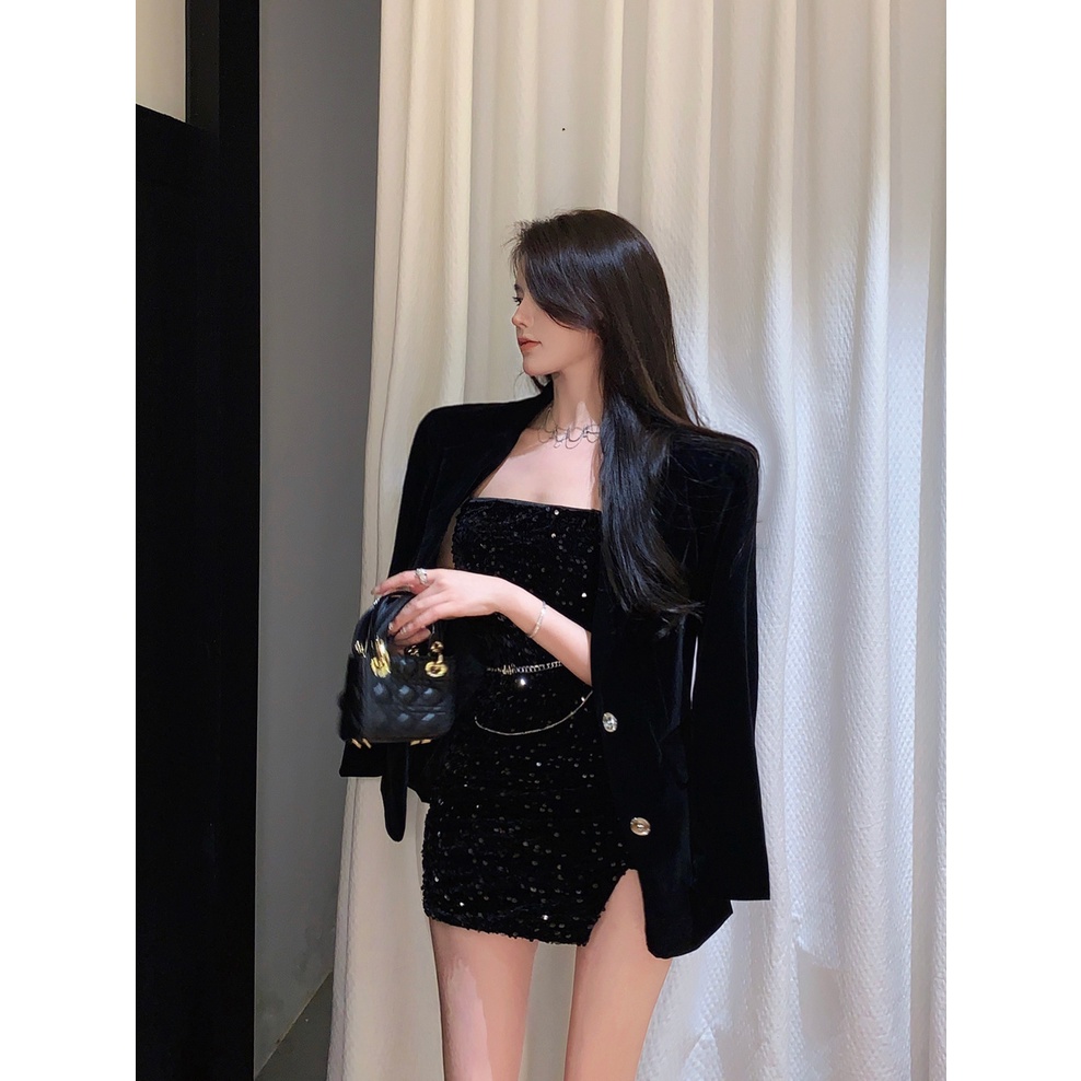 Suhao hitam high-end suit jas musim gugur payet tube top dress split wanita Prancis temperamen paket rok pinggul