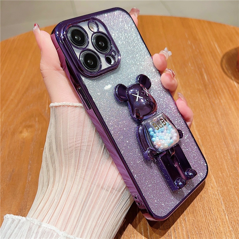 IPHONE Plating Candy Bear Bracket Glitter Powder Casing Ponsel Transparan Kompatibel Dengan Iphone14 13 12 11 Pro Max14 Plus Casing Lembut Anti Jatuh Anti slip