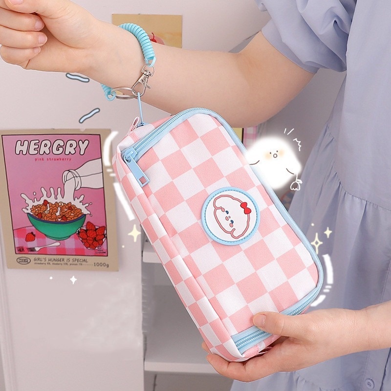 

Cartoon Animal Bear Pencil Case Cute Large Capacity Lattice Pencil Tote Bag School Student Kawaii St