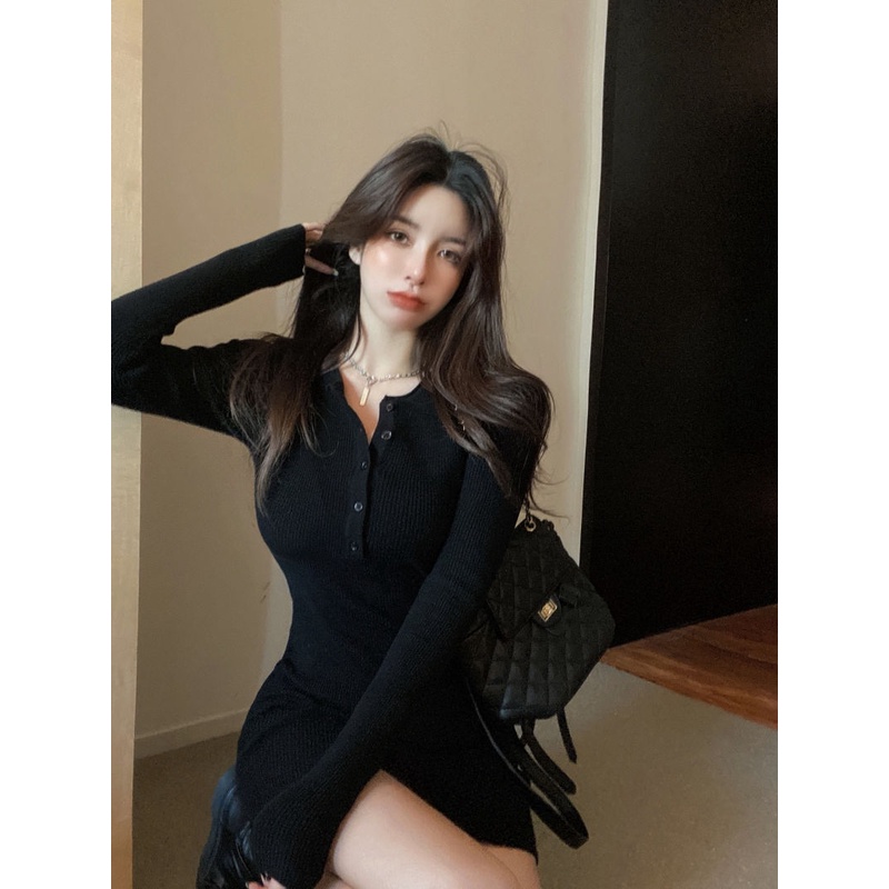 Suhao Little Black Dress Ketat Slim-Fit Bag Hip Dress Niche Chic Pinggang Elastis Lengan Panjang Pelangsing Pakaian Dalam Rok Pendek