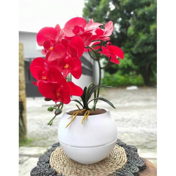 0rangkaian bunga meja anggrek latex super premium setangkai lengkap dengan pot / bunga artificial / bunga latex / tanaman hias imitasi / anggrek merah