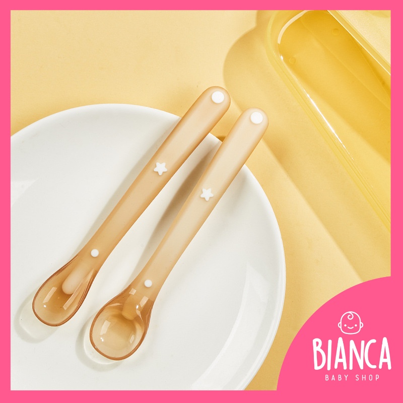 BIANCA - Sendok Silikon Lentur Bayi MPASI 1 Set isi 2pc + BOX PENYIMPANAN WARNA KUNING