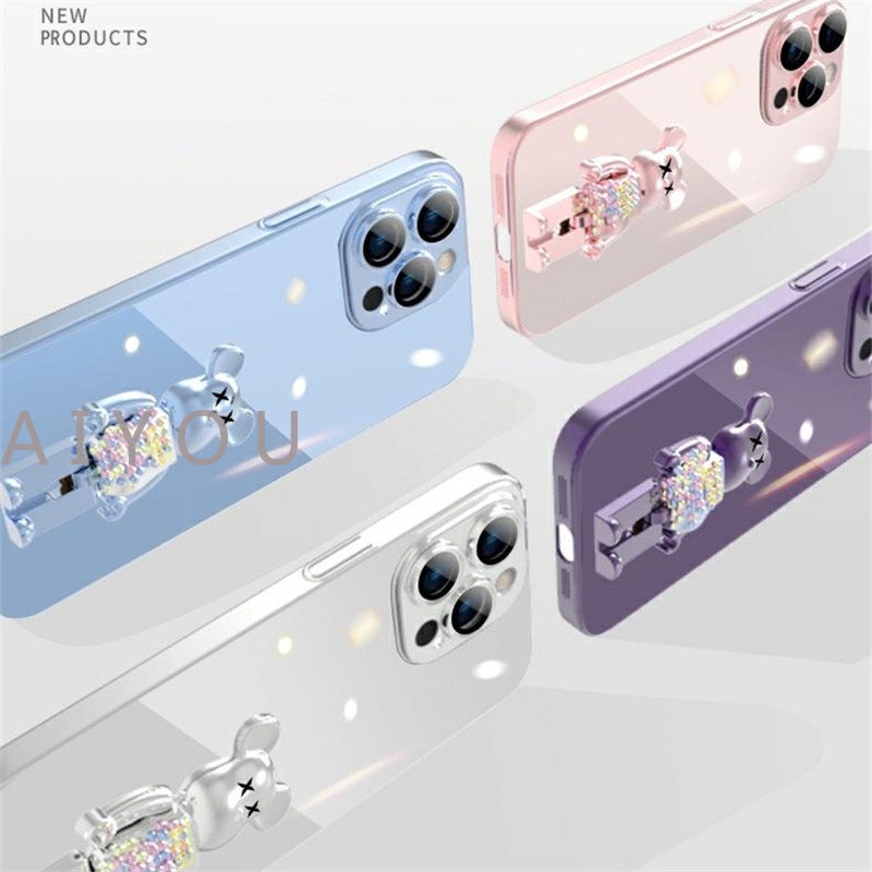 Hard Case Silikon TPU Transparan Electroplated Dengan Stand Beruang Untuk iPhone 14 Pro Max 13 12 Pro Max 14 Plus XR XSMAX 7 8 Plus