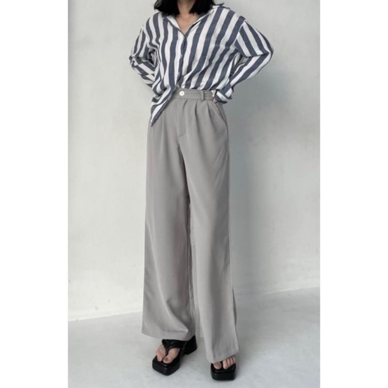 CELANA KULOT CRINKLE HIGWAIST WANITA LOOSE CULLOTE PANTS-Loose light grey