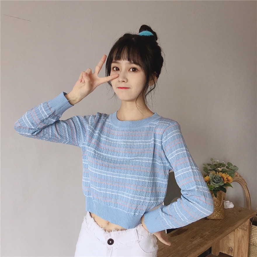 Crewneck Wanita Atasan Rajut Lengan Panjang Stripe Casueal Top Terbaru