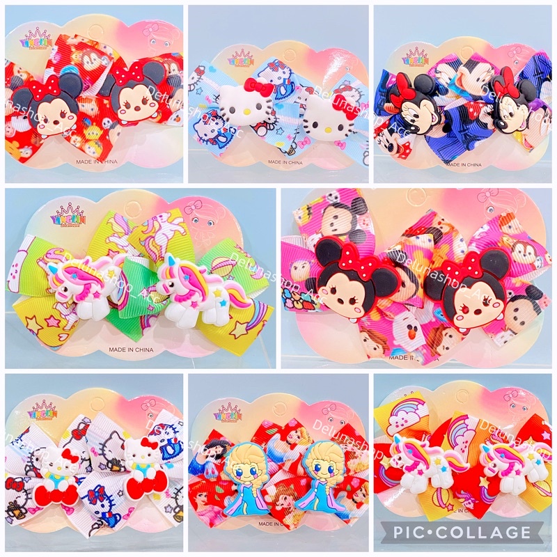 Delunashop_Acc Jepit Rambut Anak Model Pita Hairpin Rambut Cewek HairClips Perempuan Karakter unicorn princess Disney warna rainbow