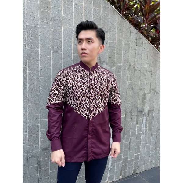 Batik Nayaka, Batik Kombinasi Pria Premium, Lengan Panjang, Slimfit, Maroon