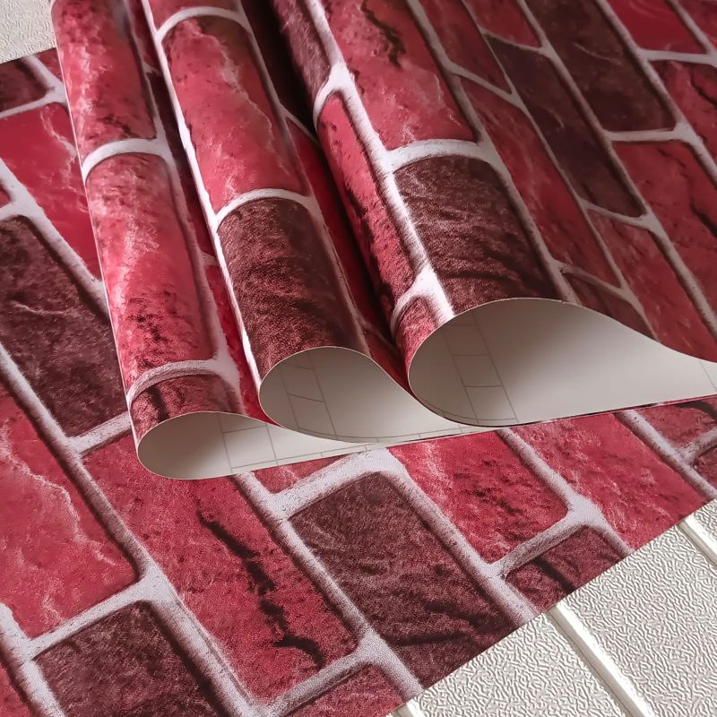 Wallpaper Sticker Dinding Motif Batu Bata Merah Hati Coklat Tua List Putih Mewah Kekinian Elegan Mod
