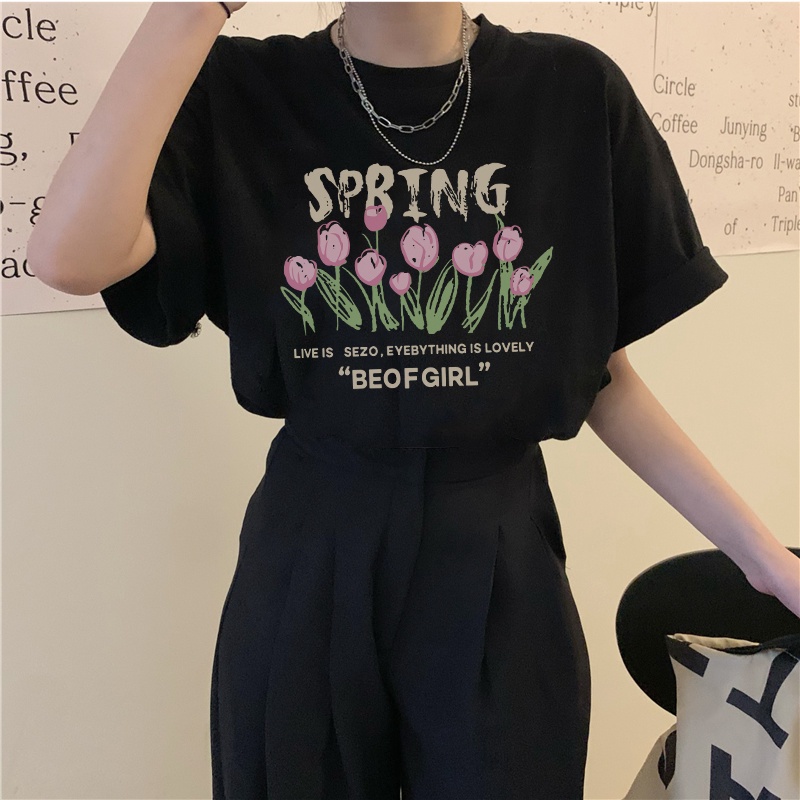 Print T-shirt Kaos Lengan Pendek Wanita Tulip Oversize Korean Style