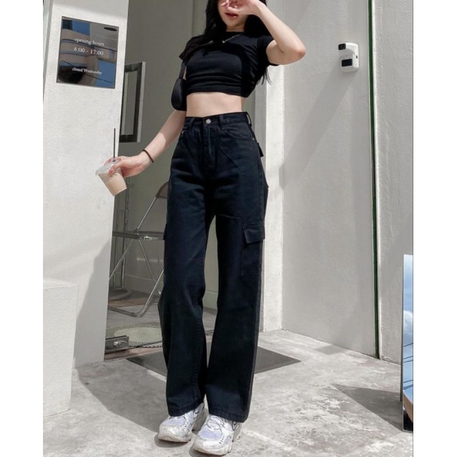 (27-38) BLACK HW CARGO LOOSE JEANS / HITAM HW CARGO JEANS / CELANA HIGHWAIST CARGO LOOSE JEANS