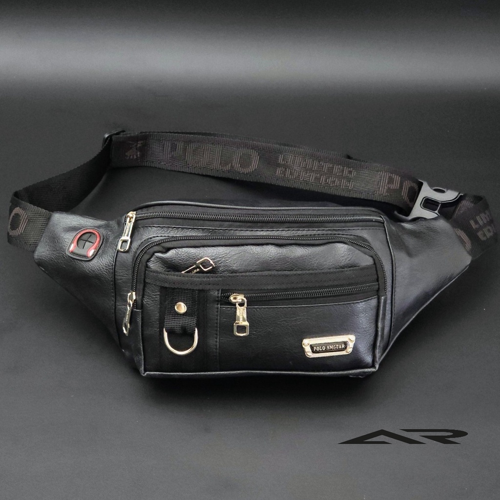 Tas Selempang Pria Multi Fungsi Waistbag Original POLO AMSTAR Model Terbaru-Hitam Kulit