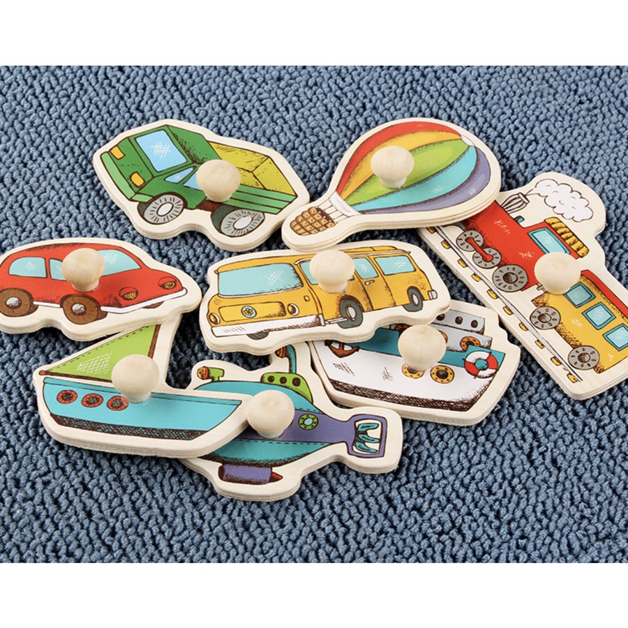 Mainan Anak Puzzle Knob Kayu Besar Premium Angka Animal Transport Shapes Wooden Jigsaw Edukasi