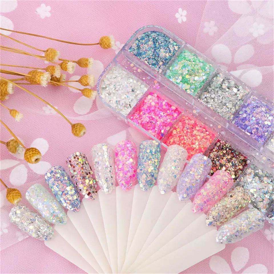 Aksesoris Glitter Nail art Glitter Hexagon Set 12 warna/ Serbuk Glitter Kasar Hiasan Kutek Kuku Nail art