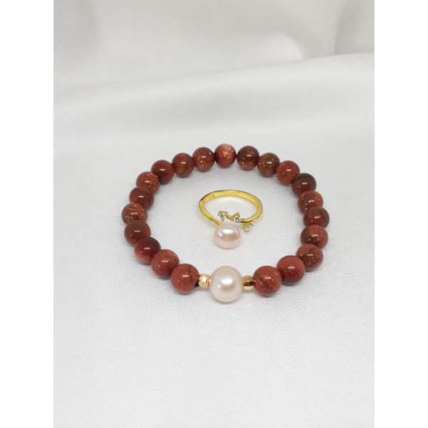 Mutiara Lombok Asli | Set cincin dan gelang batu alam kombinasi mutiara air tawar