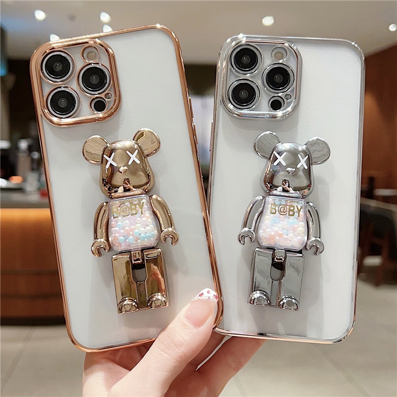 IPHONE Plating multi-Fungsional violent bear bracket Casing Ponsel Transparan Kompatibel Dengan Iphone14 13 12 11 Pro Max14 Plus Casing Soft shockproof Anti Jatuh