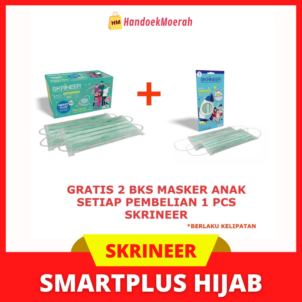 FREE 2 PACK MASKER ANAK (Isi 50 pcs - 3 ply) Masker Skrineer Smart Plus Hijab Green - Masker Kesehatan / Kekinian