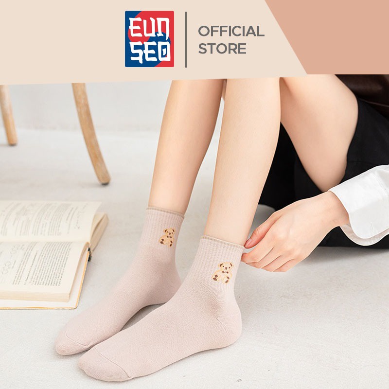 EUNSEO Kaos Kaki Wanita Panjang Motif Teddy Bear Kaos Kaki Diatas Mata Kaki Import Quality