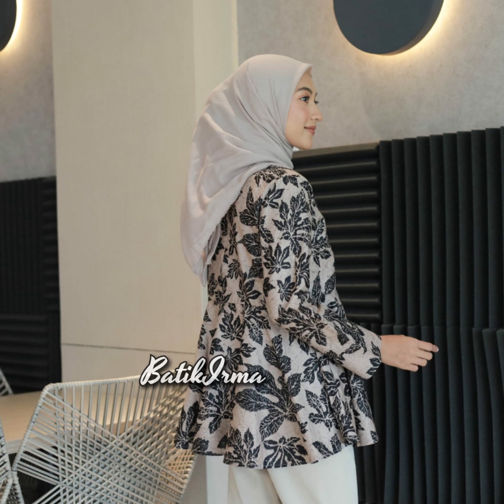 Batik Wanita Modern Lengan Panjang Batik Model Peplum Motif Daun Batik Irma