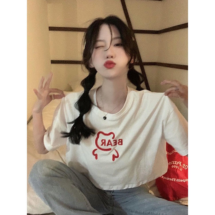 [littlecrab] Crop Top Lebar Bear Hitam Putih Merah Atasan Polos Sablon Berkualitas Beruang Simple Unik Elegan Aesthetic Kaos Beruang Korean Style