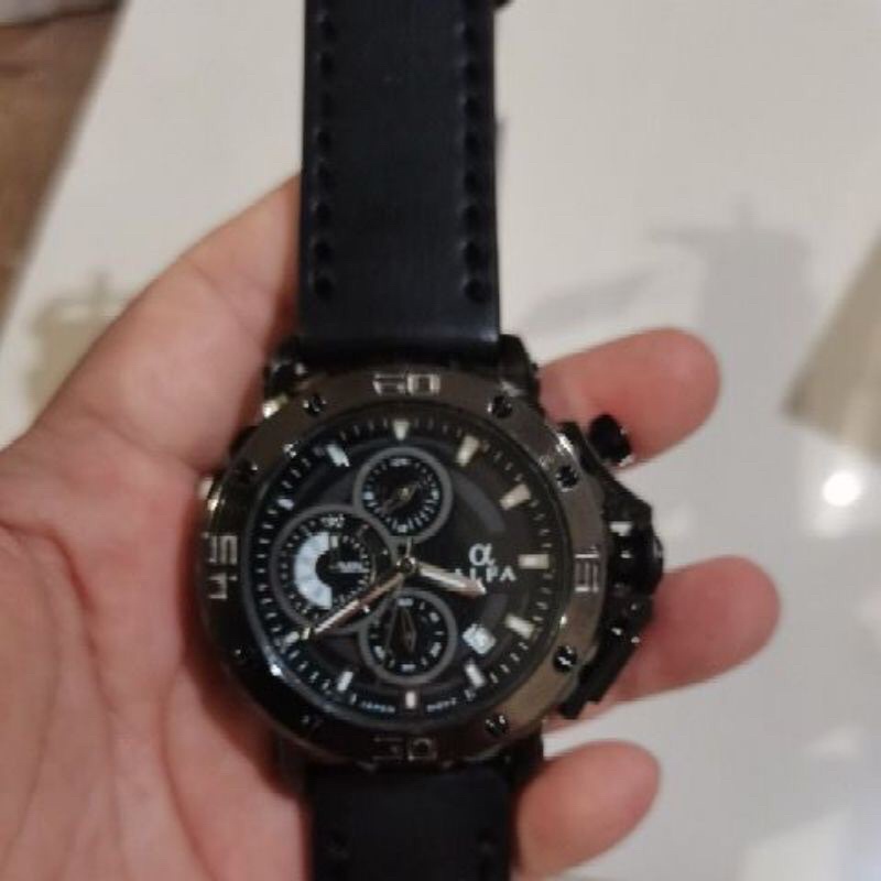 Alfa Cronograp 33019 Jam Tangan Kasual pria Murah Tali Kulit Anti Air Quartz Original