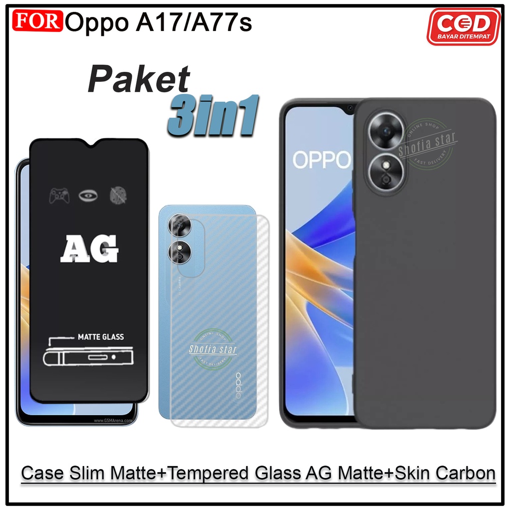 PAKET 3IN1 Case Oppo A17 A77s  A77 4G/5G  Softcase Slim Premium Black Protect Casing