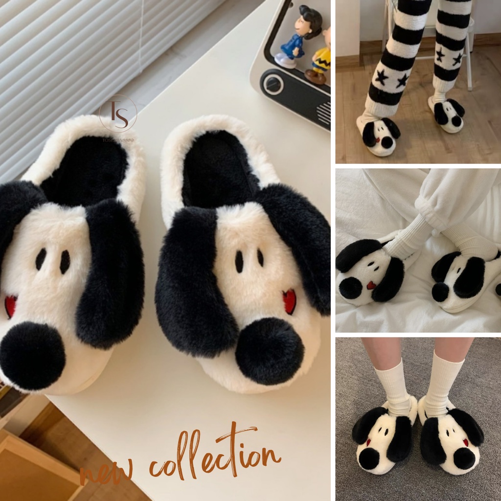 Sendal Rumah Indoor Home Slipper Sandal Kamar Hotel Empuk Sandal Bulu Motif Puppy Snoopy Lucu