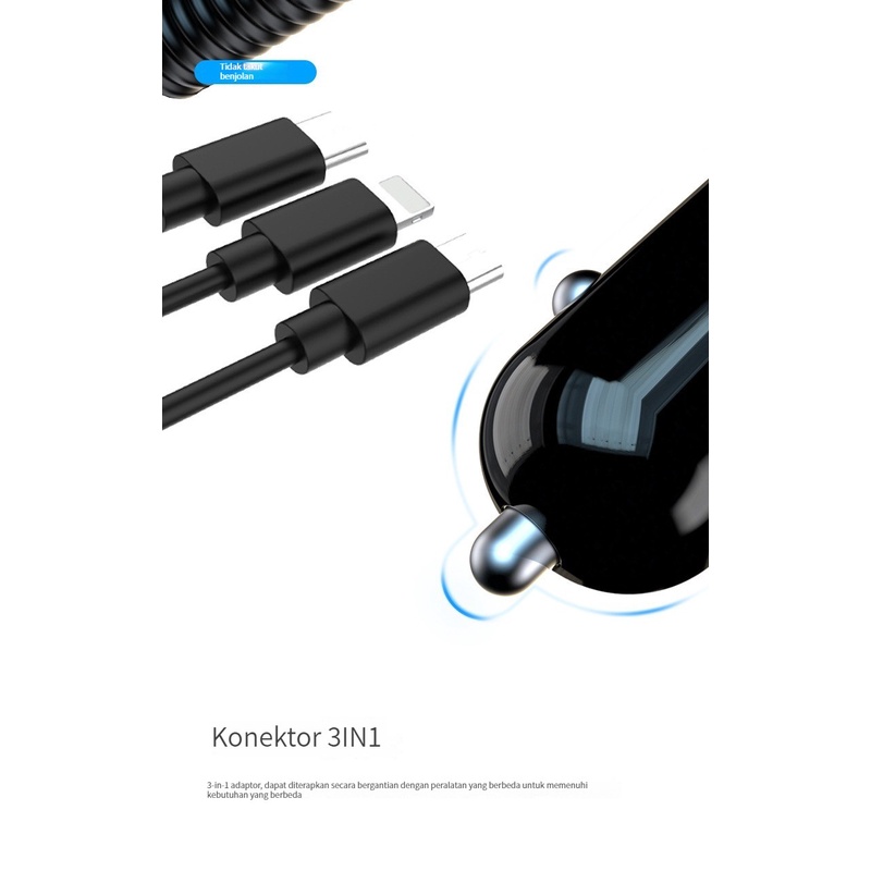 (ada stok, dikirim dari jakarta) Kabel pengisi daya mobil 3 In 1 15W, Mikro USB type C kilat cocok untuk Iphone Huawei Xiaomi Samsung