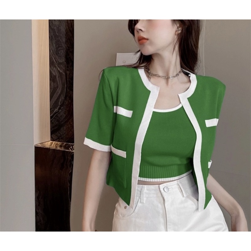 CELLA SET | Atasan Wanita Lengan Pendek Set Wanita Outer Inner Premium Knit Rajut Import Tanktop Fas