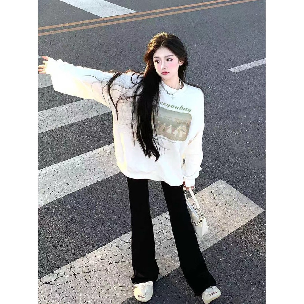Silver fox beludru gaya Amerika kepribadian hiphop dicetak sweater wanita musim gugur dan musim dingin high street ceruk longgar jaket atas leher bulat trendi