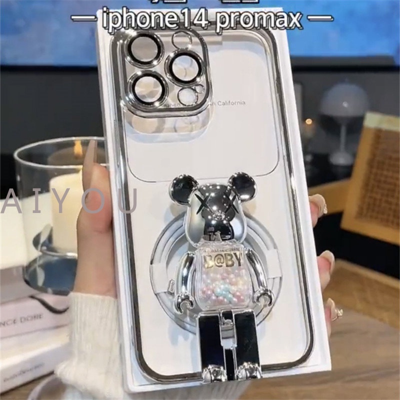 Hard Case Silikon TPU Transparan Electroplated Dengan Stand Beruang Untuk iPhone 14 Pro Max 13 12 Pro Max 14 Plus XR XSMAX 7 8 Plus