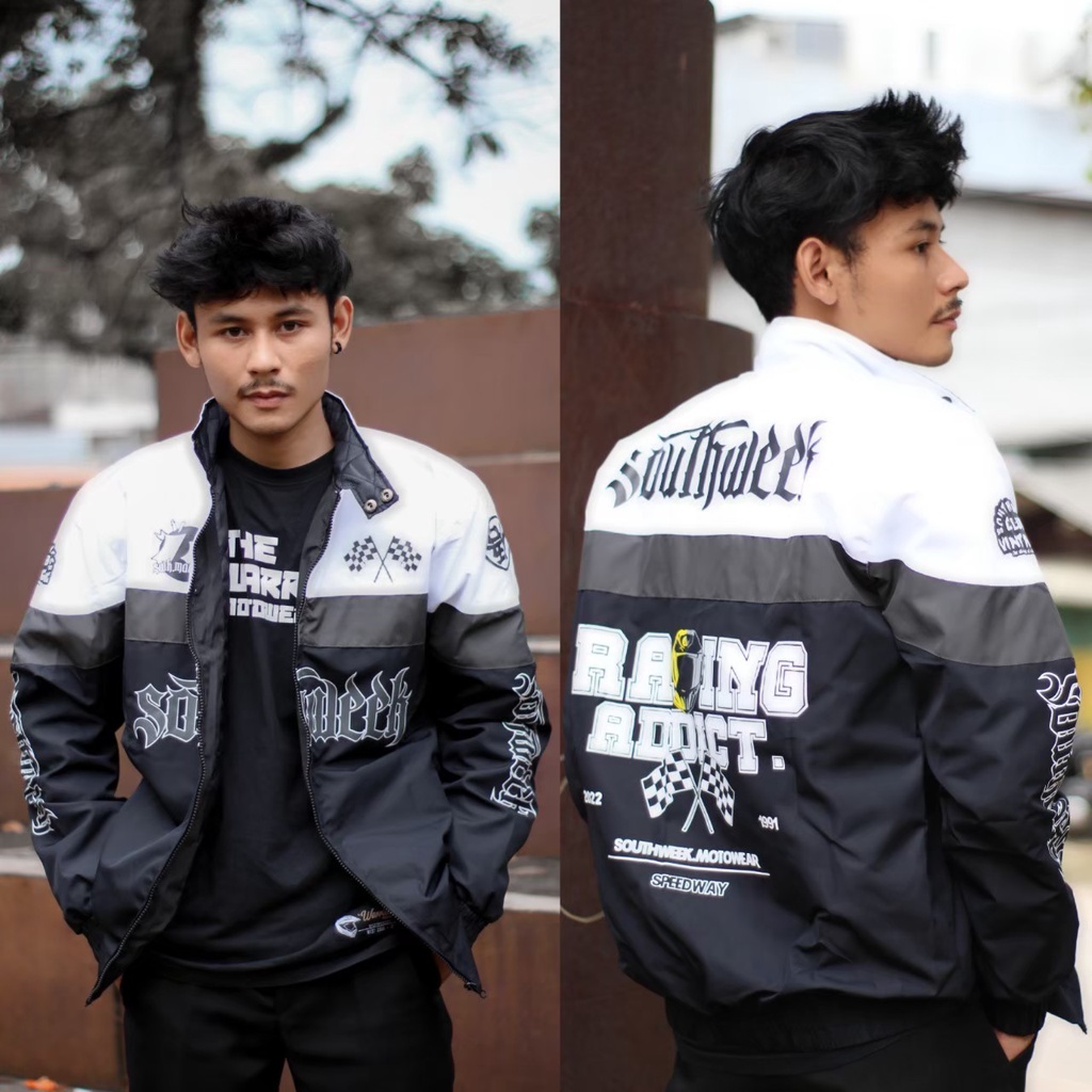 Southweek Jaket Pria Nascar Racing Vintage Sunmori Original Produk Parasut Hitam Putih Motif Sablon Bordir