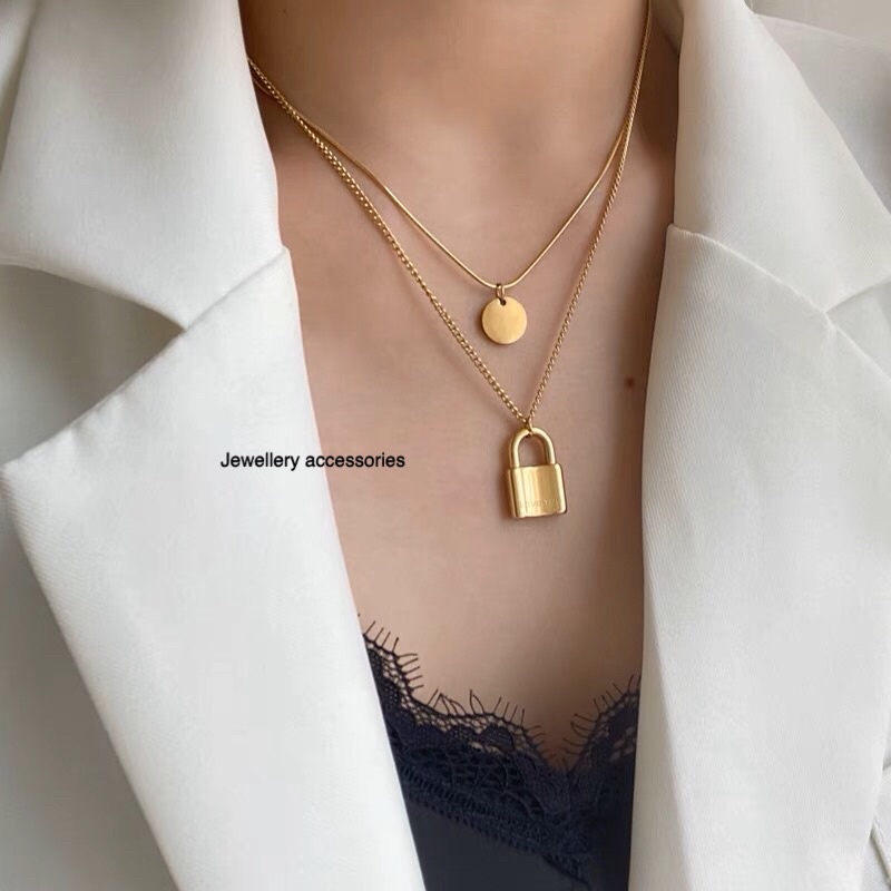 Kalung Titanium 2 Layer Gembok Koin Trending Korea Fashion Style