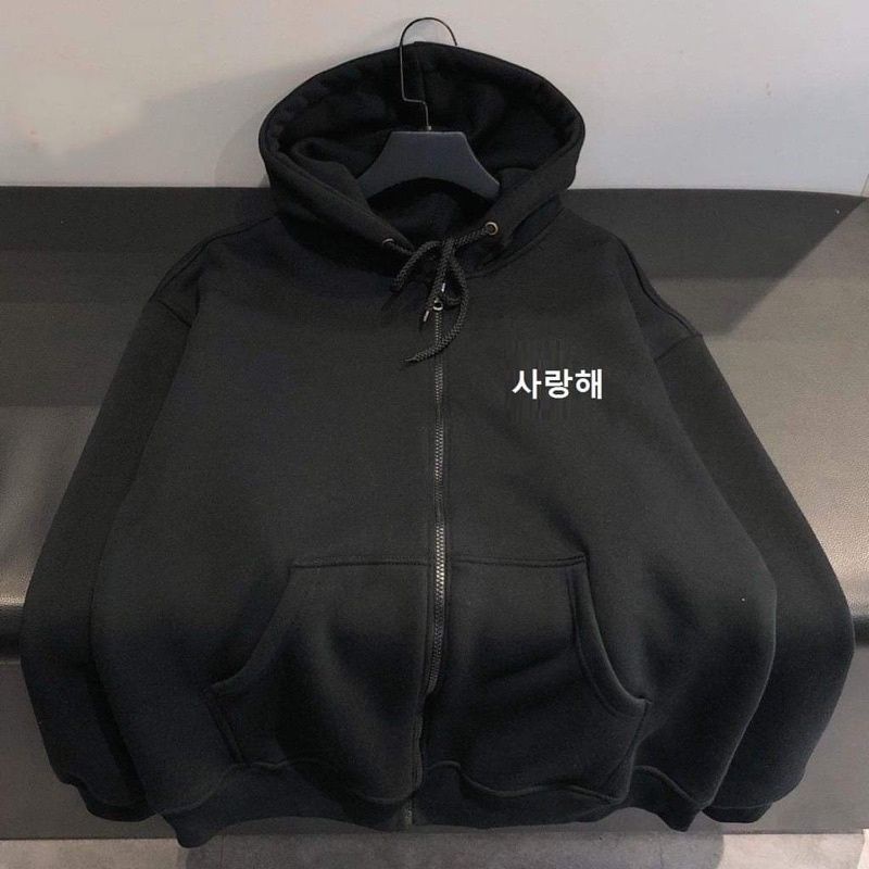 Jacket Zipper Hoodie Oversize Boy Girl (6XL 5XL 4XL 3XL 2XL XL L M S Cek Deskripsi) Sweater HANGEUL SARANGHAE Love Cinta Jumbo Jaket Resleting Bigsize Harajuku Urban Korean Style Blue Biru Putih