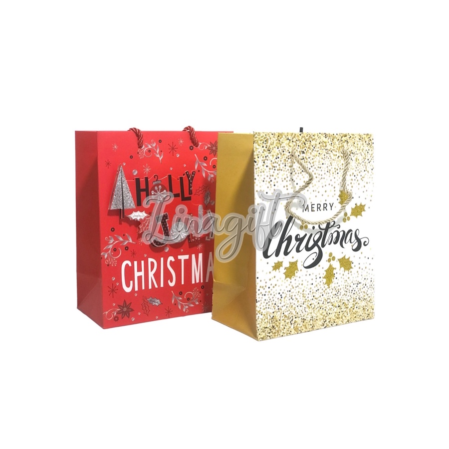 PAPERBAG CHRISTMAS - TAS KADO SHOPPING JINJING / SOUVENIR GOODIE BAG NATAL GLITTER RED