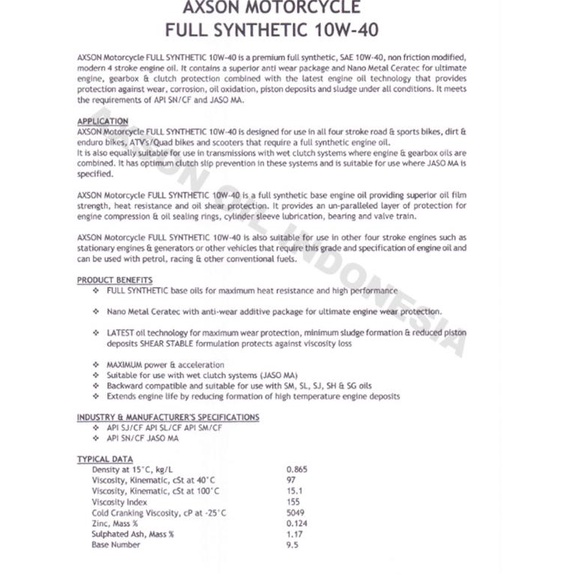 Axson Fully Synthetic Motorcycle Oil 10W-40