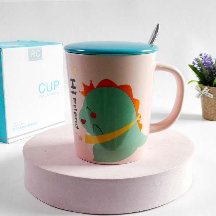 

Gelas Keramik Cangkir Mug Motif Dinosaurus Besar Tutup dan Sendok - 1 - pink