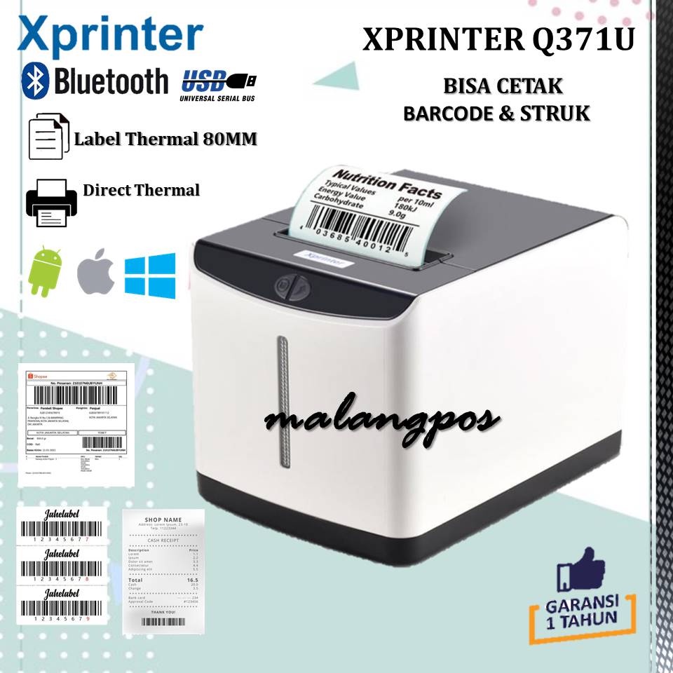 Xprinter Printer Sticker Label Direct Thermal XP-Q371U/ XPQ371/ XPQ371U USB Bluetooth Printer Thermal Label Resi Alamat Shopee 80mm Sticker Label Resi