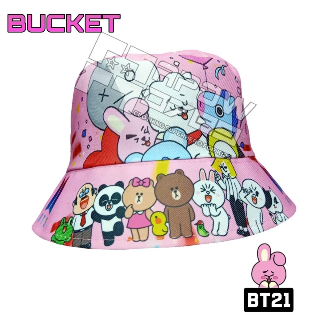 Tas WAISTBAG Anak PREMIUM BT21 PINK + TOPI BUCKET HATS PINK 2 in 1 Sepaket Bagus Murah Berkualitas / BTS / ARMY / K-POP / BT21