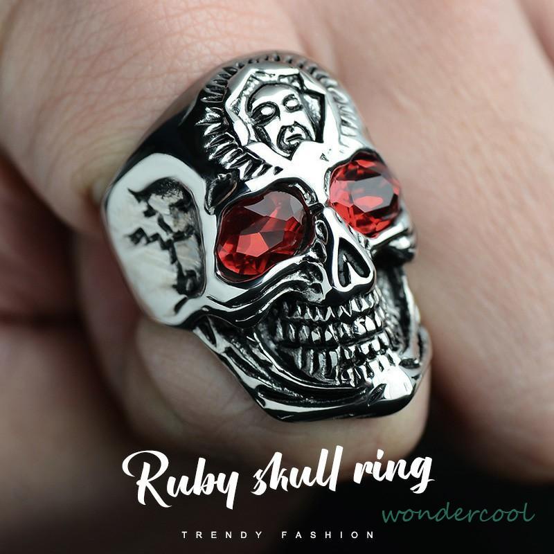 Trend Fashion Gothic Skull Biker Man Batu Punk Antik Bunga Totem Cincin Tengkorak-Won