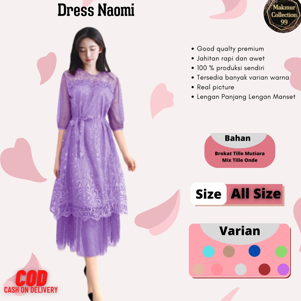 Dress Pesta Wanita Midi Terbaru Elegan/Dress Naomi Size L Mat Brokat Tille Mutiara Mix Moscrepe dan Tille Dot/Dress Kondangan Remaja Kekinian Viral/Good Quality