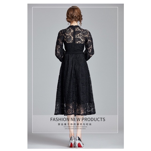 Brocade Lace Dress with Belt Import Premium