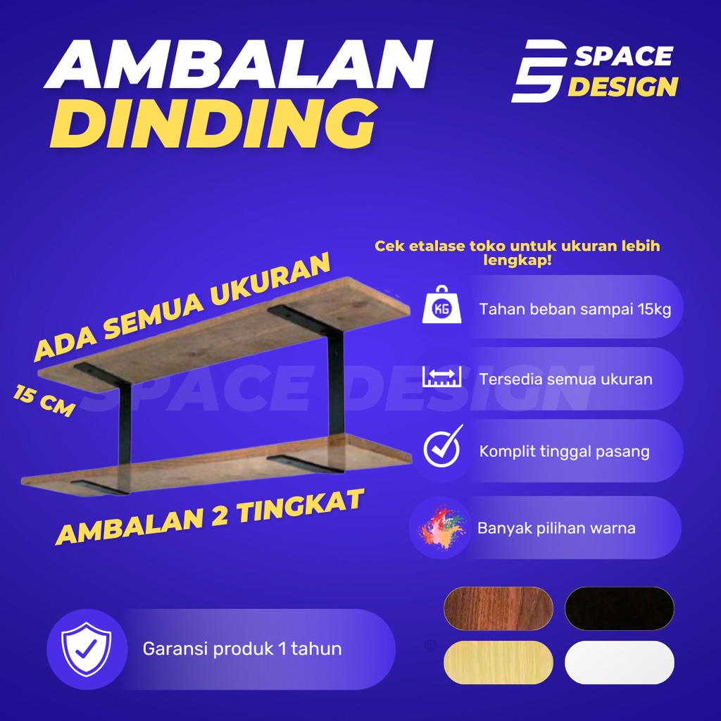 Rak Dinding Minimalis Ambalan JUMBO 2 TINGKAT SIKU BESI Hiasan Papan Hambalan Kayu Laci Melayang Din
