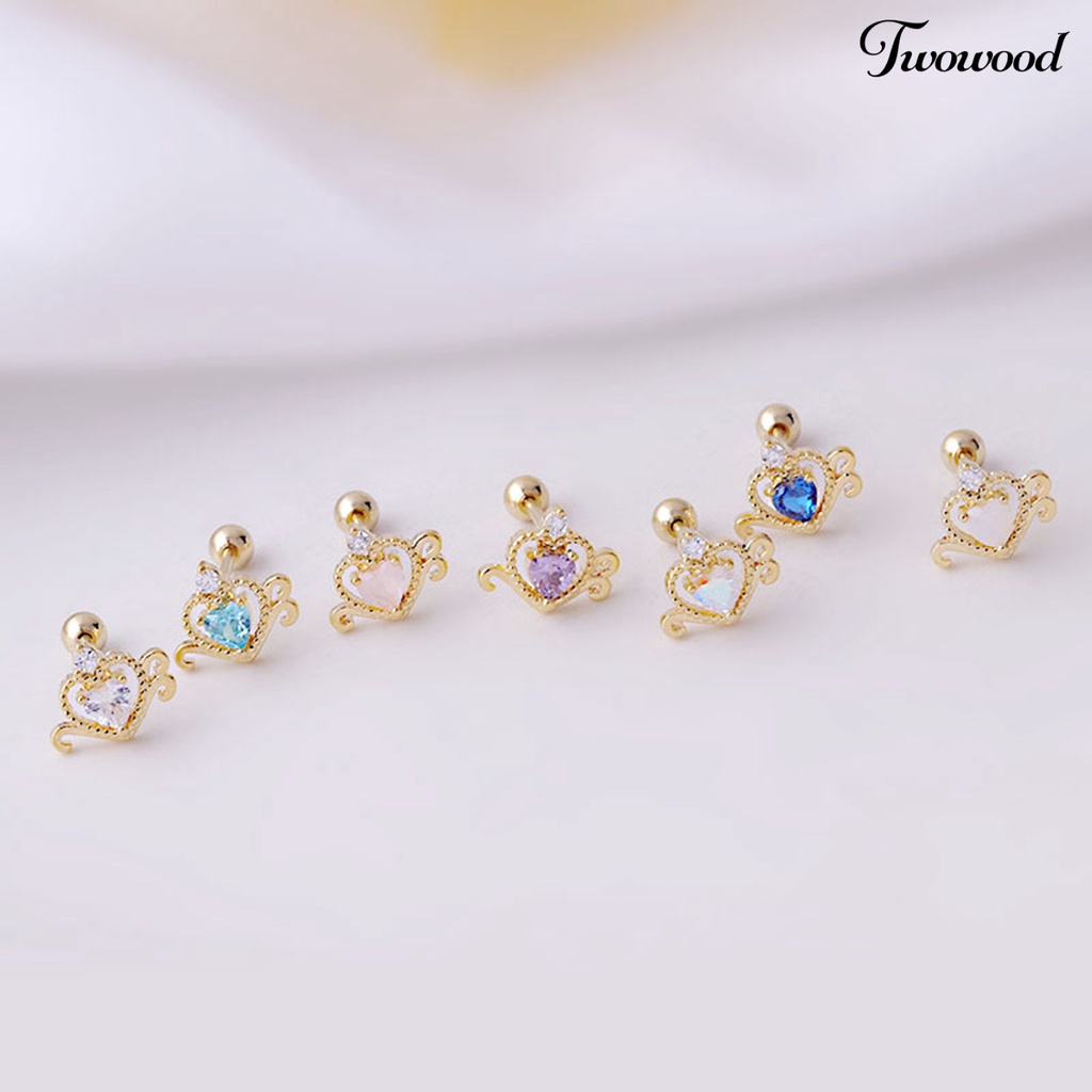 1 Pc Anting Stud Cubic Zirconia Bentuk Hati Model Hollow Untuk Wanita