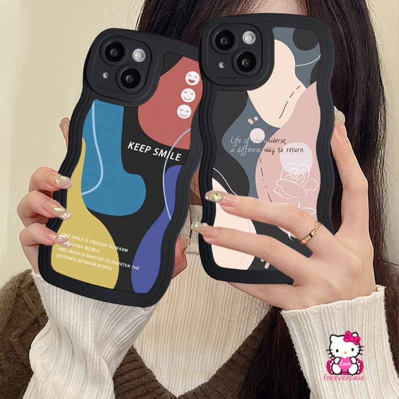 Bunga Soft Case Realme C53 C35 C25Y C15 C11 2020 C25s C25 C21Y 6i 5i C3 C20 C20A C11 2021 5s 5 C2 C1 C12 C20A Abstrak Art Moranti Jahitan Bergelombang Tepi Smiley Hitam Phone Cover