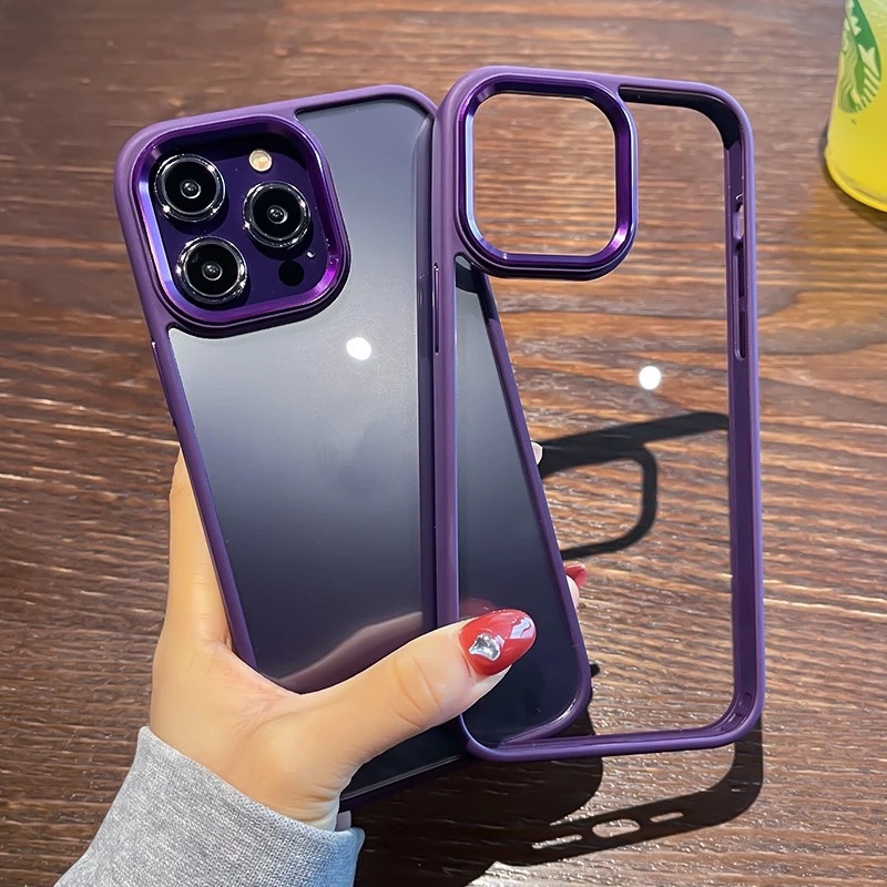 (Dark Purple) Soft Case Silikon Transparan Dengan Lensa Metal Untuk compatible for iPhone 13 Pro MAX 14 Pro Max 11 12 Pro MAX